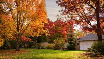 a vertical photo of a backyard surrounded by trees in the fall season