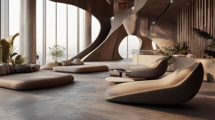 Futuristic lounge with curved furniture.
