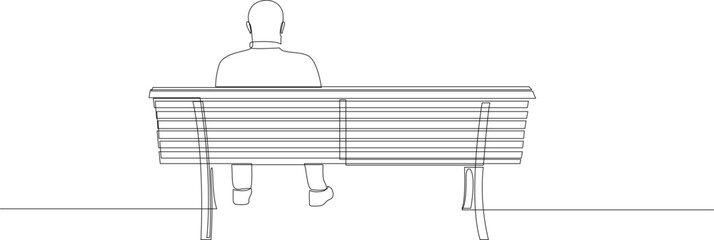 Man sitting alone on bench continuous line drawing, back view. One line art concept of loneliness, rest on bench or waiting. Vector illustration.