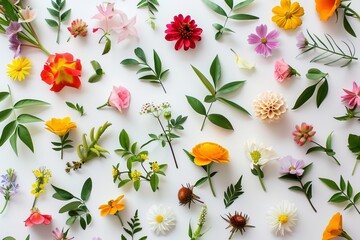 Flat lay with variety flowers and leaves on a white background. AI generative