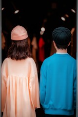 Obraz premium Fashionable couple exits store, stylish clothes, blurred background