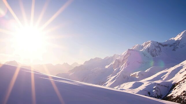 Capture the serene and majestic beauty of a snow-capped mountain landscape, with towering peaks glistening under a soft winter sun.