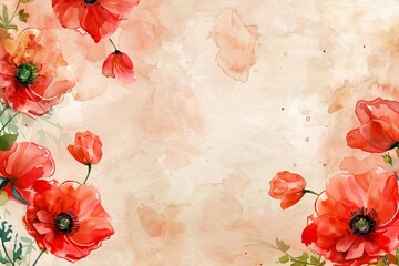 Watercolor background with red poppies with a copy space on top. AI generative