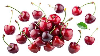 Fresh Ripe Cherries Floating in the Air - A vibrant and artistic arrangement of fresh red cherries appearing to float in midair. 