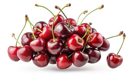 Pile of Fresh Red Cherries - A vibrant heap of fresh, ripe cherries with a glossy sheen, isolated on a white background.