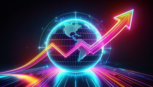 a glowing globe with an upward arrow symbolizes global progress abstract digital art in neon hues against a dark backdrop represents growth technology and a futuristic outlook