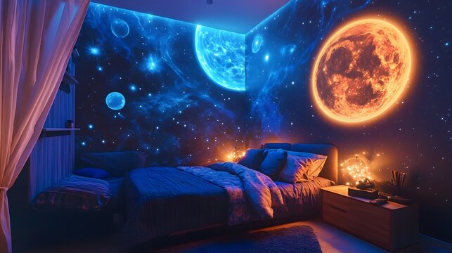 38. **A space-themed bedroom with glow-in-the-dark stars, cosmic murals, and LED lights**