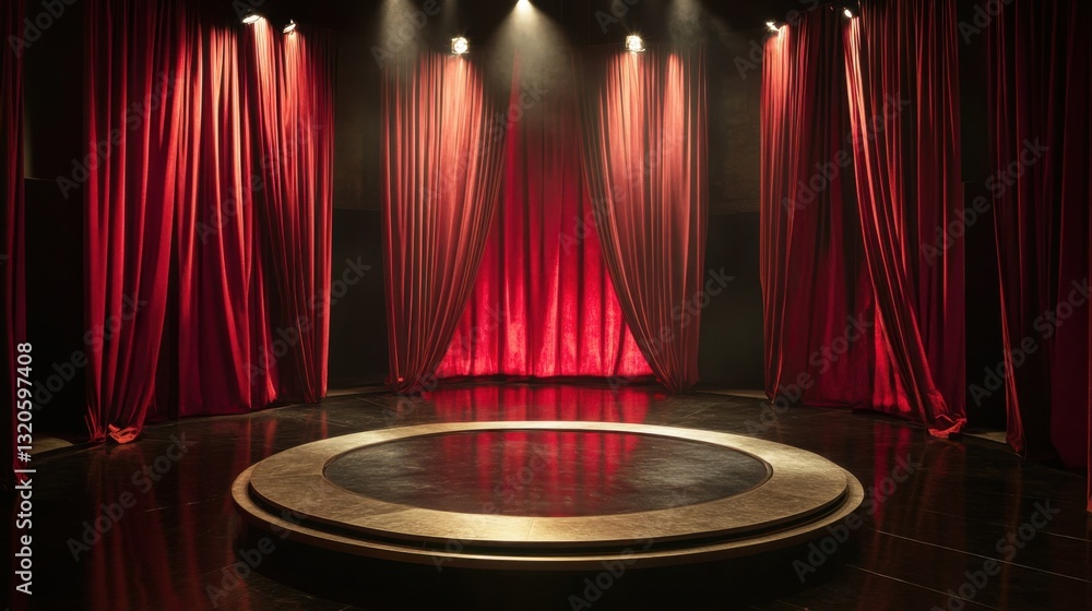 Poster red velvet curtains part to reveal a well-lit stage with a circular platform, creating a scene of my