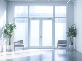 Fototapeta premium Bright modern office lobby, glass doors, sunlight, plants, waiting area, interior design