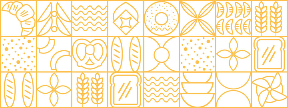 Abstract bakery menu background with line drawing. Geometric pattern bread, croissant, donut. Bakery line pattern.