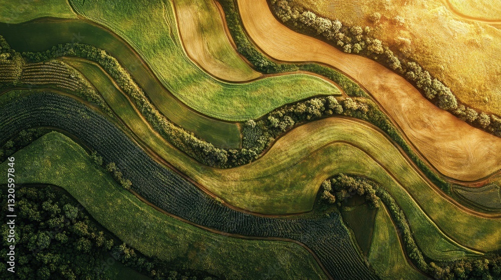 Aufkleber rolling green fields with varying shades of crops, forming intricate patterns from above, bathed in 