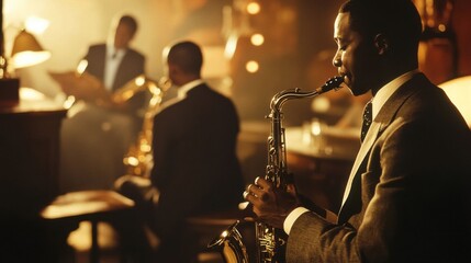 Musicians playing jazz at night.