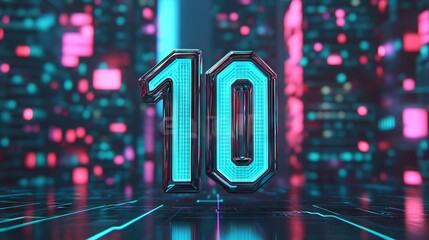 Futuristic Number 10 in Neon Cityscape Background
