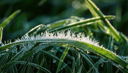 Fototapeta premium Delicate Frozen Crystals on Vibrant Emerald Grass Blades