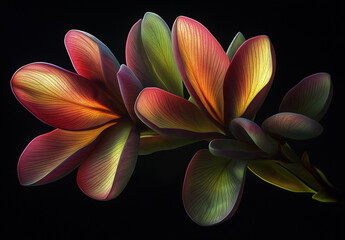 Fototapeta premium Macro Photography of Plumeria Flowers – Dark Green & Yellow Petals with Red Center, Neon-Lit Surreal Effect, High Contrast Against a Black Background