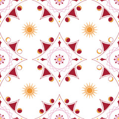 Fototapeta premium Seamless celestial pattern with sun, moon phases, and geometric elements in red, gold, and pink tones. Perfect for wallpapers, textiles, packaging, and decor.