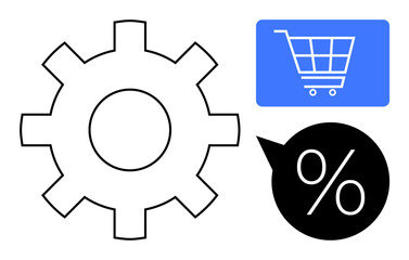 Gear representing process, blue cart for e-commerce, black percent in speech bubble signifies discounts. Ideal for online shopping, sales, automation, marketing, strategy discounts systems. Flat