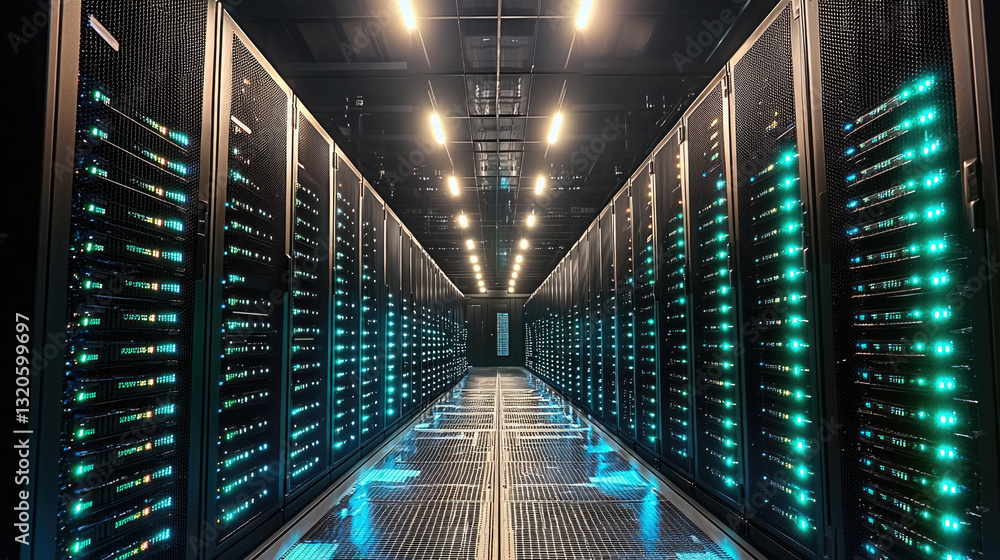 Leinwandbilder modern data center with rows of servers illuminated by blue lights, showcasing advanced technology a