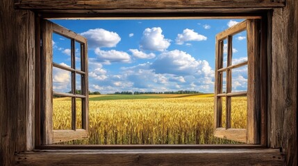 Rustic wooden window frame overlooking golden wheat fields, with the sky painted in hues of blue and soft drifting clouds.