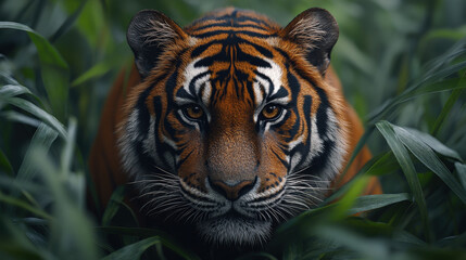 Fototapeta premium Majestic tiger staring intensely in a lush green jungle, highlighting strength, power, and wild nature