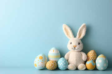 Obraz premium Easter bunny with pastel eggs on blue background Cute Easter Bunny illustration design, Easter Rabbit and Egg Blank Background, Copy Space, Space For Text