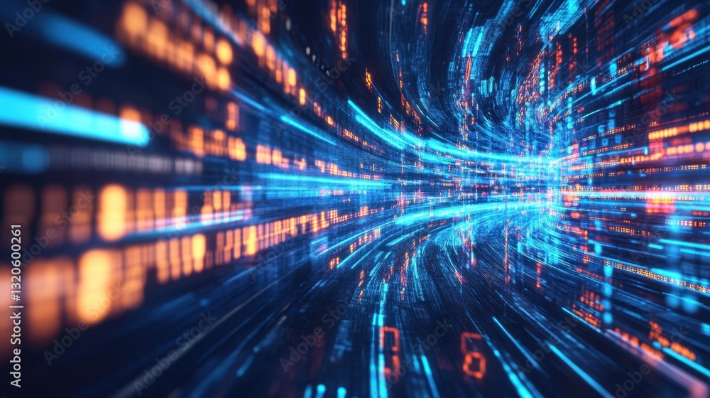 Poster sci-fi inspired data streams cascading through a futuristic space, evoking innovation and technologi