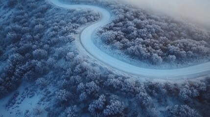 Fototapeta premium Serpentine road in a frost-covered woodland, aerial view of a scenic winter journey.