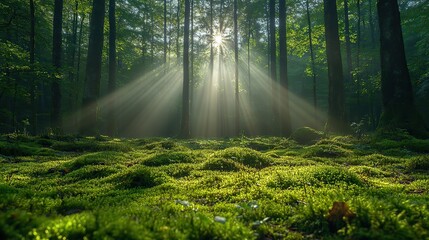 Bright sunbeams filter through trees, creating light rays and illuminating vibrant green moss on the forest floor, evoking tranquility and magic.