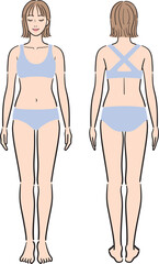 女性の全身　正面と後ろ姿のセット