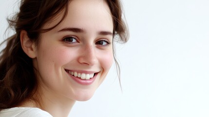 Naklejka premium Young woman smiling warmly, casual style, soft light, white background. Radiant simplicity and genuine joy. 