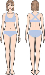 女性の全身　正面と後ろ姿のセット