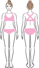 女性の全身　正面と後ろ姿のセット