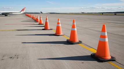 Airport safety measures traffic cones lining runway at major airfield aerial view transport infrastructure