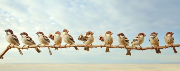 Fototapeta premium A group of birds of the sparrow variety perched on a branch