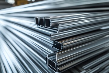 Close-up of various aluminum and steel metal profiles as construction materials in a warehouse