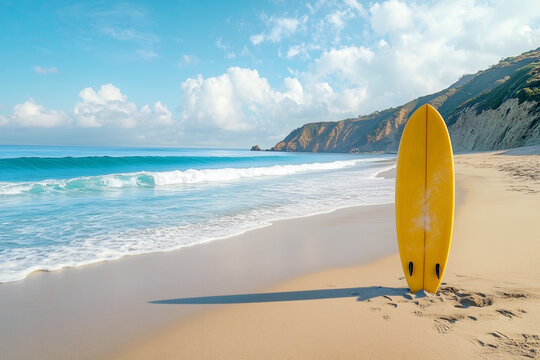 A surfboard standing upright on the beach - Powered by Adobe