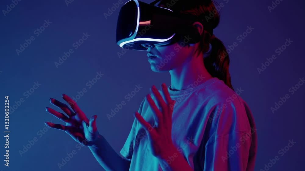 Poster immersive virtual reality experience with engaged user interacting in neon light