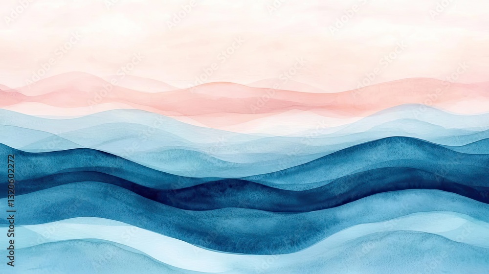 Poster digital watercolor painting abstract background concept. abstract wave pattern in soft hues of blue 