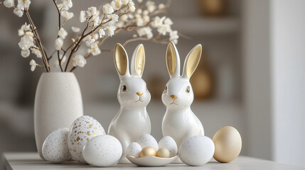 Obraz premium A luxury Easter branding concept featuring sleek typography, white ceramic rabbits, and soft gold accents, creating an elegant and sophisticated atmosphere perfect for premium seasonal promotions. 