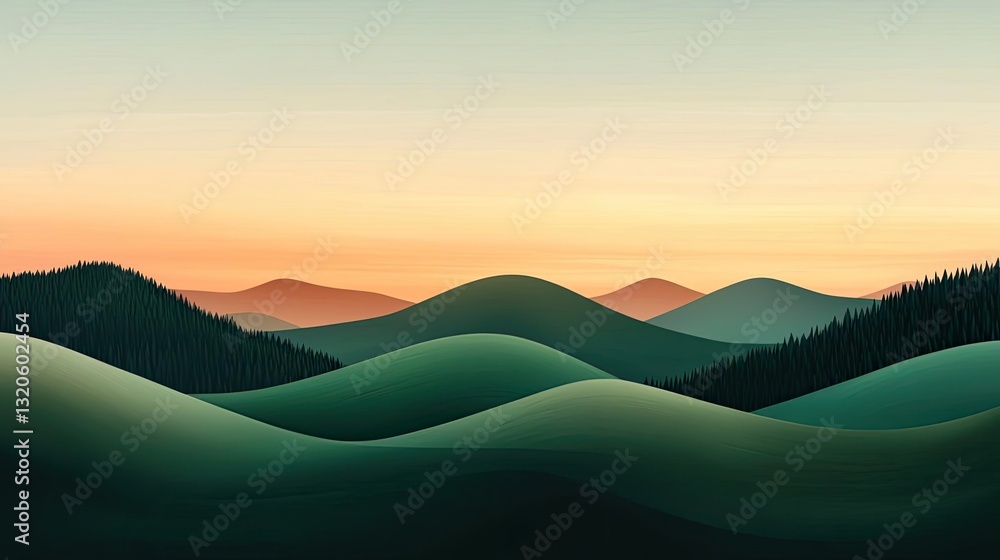 Poster abstract landscape background concept. serene rolling hills at sunset with a tranquil color palette 
