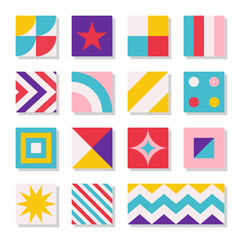 Vector flat illustration set with square abstract compositions with geometric figures as symbol of dynamic, flow. Bright contrast elements. Minimalistic concept, clipart decorative collection