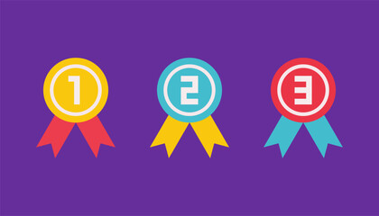 Vector flat illustration with set of gold, silver and bronze medal as symbol of 1, 2, 3 place on championship or competition and award. Minimalistic concept, clipart sport collection