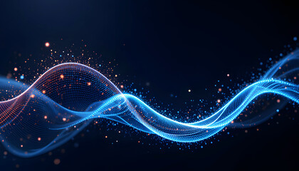 A clean and minimalist digital artwork depicting a stylized data wave with glowing particles, set against a dark background