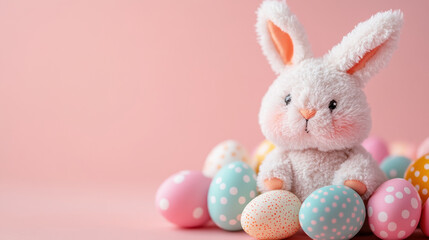 Obraz premium fluffy bunny surrounded by pastel Easter eggs on pink background Cute Easter Bunny illustration design, Easter Rabbit and Egg Blank Background, Copy Space, Space For Text