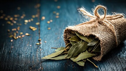 Small burlap sack tied with twine on a dark blue wooden surface. the sack is filled with green bay leaves, which are scattered around the sack.