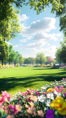 Obraz premium Beautiful blurred background image of spring nature with a neatly trimmed lawn surrounded by trees against a blue sky with clouds on a bright sunny day.