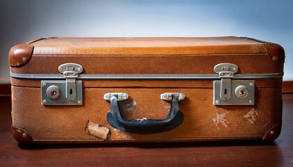 Vintage suitcase with scratches and old city stickers – Made of rigid cardboard or leather, featuring metal corners with signs of rust