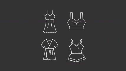 Animated female night wear white icons. Underwear line animation library. Woman nightwear. Robe, nightdress. Isolated illustrations on dark background. Transition alpha. HD video. Icon pack