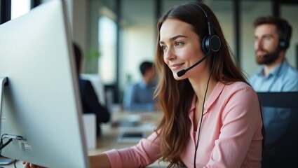 Customer Service Excellence: A focused female agent, with a warm smile, provides dedicated customer support, equipped with a headset, within a modern office environment.