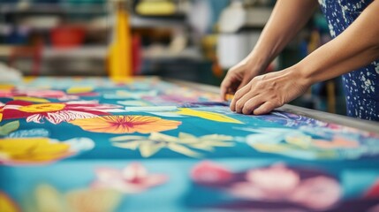 Fototapeta premium Hands working on vibrant fabric.